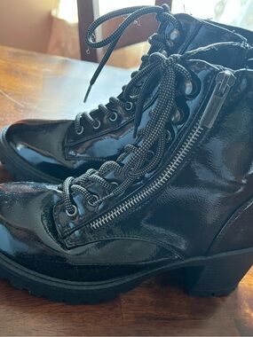 Forever 21 Black Patent Lace-Up Moto Ankle Boots with Side Zip